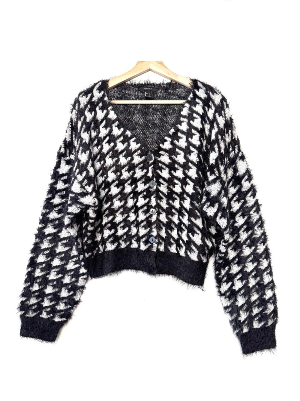 Forever 21 Clueless Cozy Eyelash Knit Crop Sweater Houndstooth Button Cardigan L